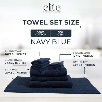 ELITE Emporium Home Collection 8-Piece Cotton Bath Towel Set - Ultra Soft, 550 GSM, Quick-Dry - Bath Sheet, Bath Towels, Hand Towels, Washcloths, Bath Mat - Luxury Bathroom Towel Set (Navy Blue) - color: Navy Blue