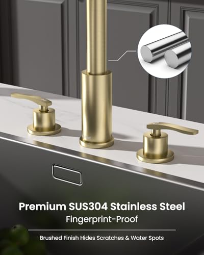 DAYONE 2 Handle Kitchen Faucet with Pull Down Sprayer, 4 Hole Sink Faucets with Separate Handle for Kitchen RV Laundry Bar, 3 Modes, SUS304 Stainless Steel, Brushed Gold - color: Brushed Gold, style: 2-handle
