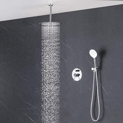 KIBI Circular Ceiling Mounted Shower System with 2-Function Faucet Set | Solid Brass Pressure Balanced Valve | Anti-Scald Design for Reliable Water Temperature Control (Chrome Finish, KSF408) - color: Chrome