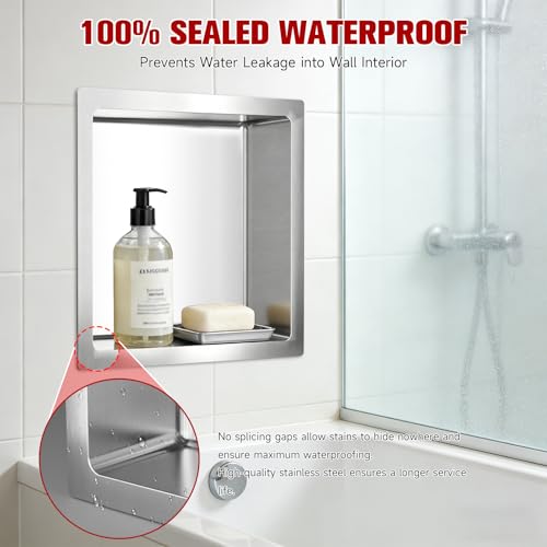 VELPAX No Tile Needed Shower Niche 12"X 12", Bathroom Wall Niche Single Shelf, Stainless Steel Shower Niche for Bathroom, Kitchens, Balconies - color: Silver, size: 12"X 12" Single Shelf