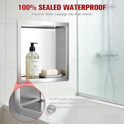 VELPAX No Tile Needed Shower Niche 12"X 12", Bathroom Wall Niche Single Shelf, Stainless Steel Shower Niche for Bathroom, Kitchens, Balconies - color: Silver, size: 12"X 12" Single Shelf