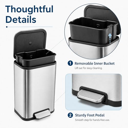 GarveeHome 8 Gal Kitchen Trash Can, Stainless Steel Garbage Can, Silver | Soft Close Lid, Hands-Free Foot Pedal, Removable Inner Bucket, Rectangular Step On Waste Bin for Home Office Living Room - color: Stainless Steel, size: 30 L
