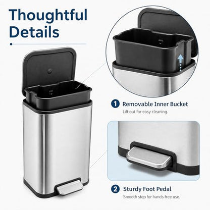 GarveeHome 8 Gal Kitchen Trash Can, Stainless Steel Garbage Can, Silver | Soft Close Lid, Hands-Free Foot Pedal, Removable Inner Bucket, Rectangular Step On Waste Bin for Home Office Living Room - color: Stainless Steel, size: 30 L