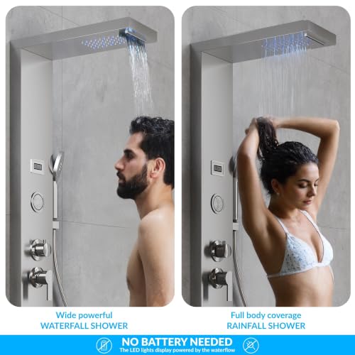 Garvee Shower Panel Tower 6-Function LED Rainfall Body Jets SS Brushed Nickel