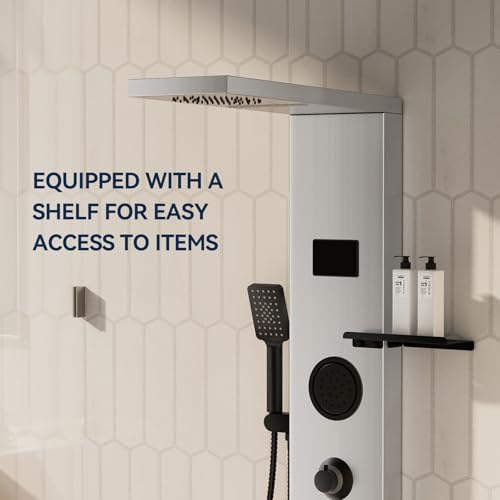 Homevacious 4 In 1 Shower Panel System with Shelf Brushed Nickel | LED Rain Shower Head Adjustable Massage Body Jets 3 Functions Handheld Head Tub Spout Stainless Steel - color: Brushed Nickel and Black, style: LED Shower Panel