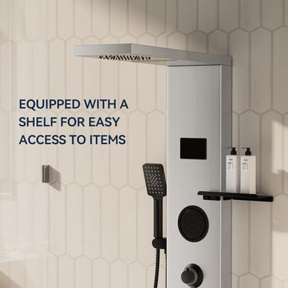 Homevacious 4 In 1 Shower Panel System with Shelf Brushed Nickel | LED Rain Shower Head Adjustable Massage Body Jets 3 Functions Handheld Head Tub Spout Stainless Steel - color: Brushed Nickel and Black, style: LED Shower Panel