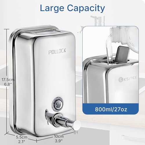 Pollock Commercial Soap Dispenser Wall Mounted 27oz,SUS304 Stainless Steel | Hand Soap Dsipenser Rust-Proof Leak Free 800ML,Manual Liquid Pump Soap Dispenser for Bathroom Kitchen Office - color: Blk-1618-800