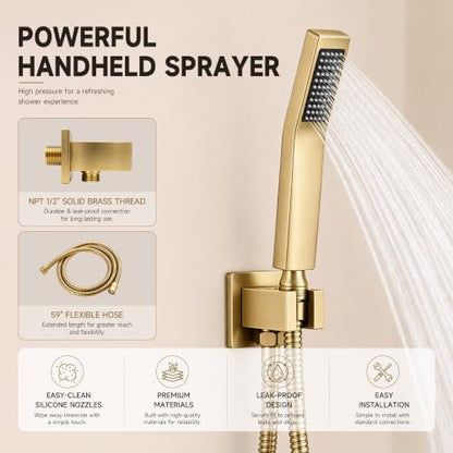 Gold Shower System with Tub Spout, All Metal Bathtub Shower Faucet Set with High Pressure 10 Inch Rain Shower Head and Handheld Shower Head Set, Brushed Gold (Valve Include) - color: Brushed Gold