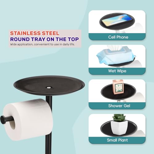 Black Toilet Paper Holder Stand, Freestanding Toilet Paper Holder with Shelf for Small Items, Toilet Paper Stand with Storage Space for 4 Extra Toilet Paper Rolls - color: Black Matte