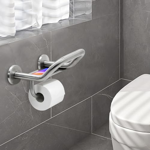 Grab Bar Toilet Paper Holder, 3-in-1 Bathroom Grab Bar with Toilet Holder and Phone Shelf, 304 Stainless Steel Safety Toilet Paper Grab Bar, Wall Mount Toilet Paper Holder for Seniors - size: 8.9 inch wide