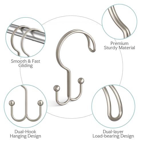 Bathway Nickel Shower Curtain Hooks Ring, 12 Pcs Double Sided Shower Hooks, Rust Proof Metal Shower Hooks for Bathroom, Anti-Drop Shower Rings for Shower Curtain & Liners - color: Nickel, style: Double-layer Shower Hooks