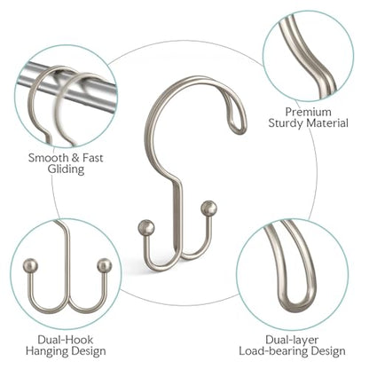 Bathway Nickel Shower Curtain Hooks Ring, 12 Pcs Double Sided Shower Hooks, Rust Proof Metal Shower Hooks for Bathroom, Anti-Drop Shower Rings for Shower Curtain & Liners - color: Nickel, style: Double-layer Shower Hooks