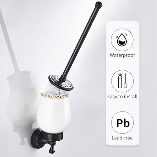 Oil Rubble Bronze Brass Bath Toilet Brush Holder Set, Wall Mounted Black Bathroom Hardware Accessories, Pattern Carving Design - color: Toilet Brush Holder Set