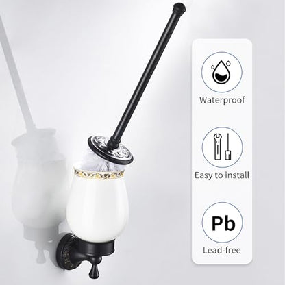 Oil Rubble Bronze Brass Bath Toilet Brush Holder Set, Wall Mounted Black Bathroom Hardware Accessories, Pattern Carving Design - color: Toilet Brush Holder Set