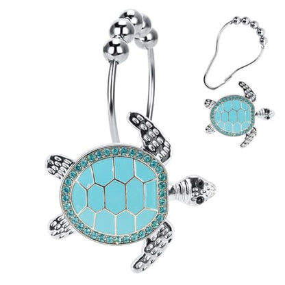Blue Sea Turtle Decorative Shower Curtain Hooks and Rings Set,12 Pieces,Roller Ball, Stainless Steel,Cute Ocean Animal Decor, Beach Shower Hooks,Rustproof,for Home Living & Bathroom Decor