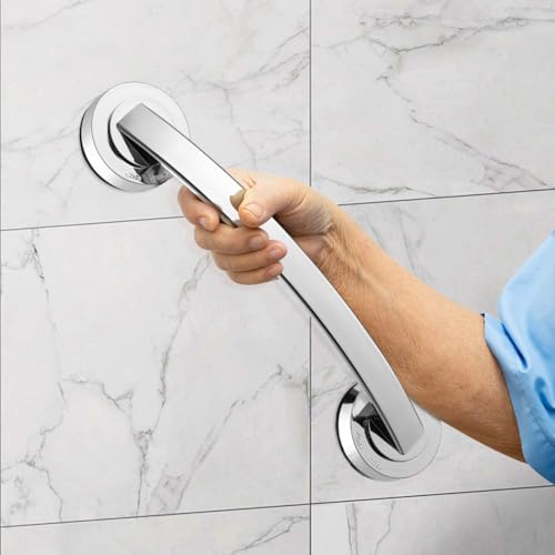 Cabilock Silver Suction Grab Bar for Shower & Bathtub – 12 Inch Chrome Finish Safety Handle, Drill-Free Balance Assist for Seniors, Elderly & Disabled, Portable Bathroom Support Grip