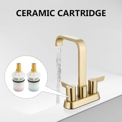 Brushed Gold Waterfall Bathroom Faucet 4 Inch Centerset,2-Handle | Stainless Steel 3-Hole Deck-Mount Design Includes Supply Lines and Pop-Up Drain for a Complete Vanity Installation - color: Brushed Gold