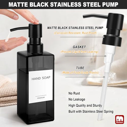 GMISUN Black Glass Soap Dispenser, Hand Soap Dispenser with Stainless Steel Pump for Bathroom, 12 fl oz/350ml Refillable Dish Dispensers for Kitchen, Modern Liquid Lotion Bottles for Countertop - color: Clear Black Bottle + Black Pump