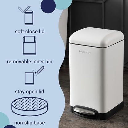 happimess Betty Retro Mini 3.2 Gal Step Trash Can, Cotton White | Soft-Close Lid, Fingerprint Proof, Removable Liner, Stainless Steel, Hands-Free Pedal - color: White