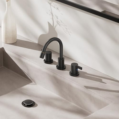 Pull Out Sprayer Matte Black 8 Inch Bathroom Sink Faucet, Widespread 2 Handles 3 Hole Pull Down Bathroom Faucet, with Pop Up Drain and Water Supply Line, BF04022-K01-MB - color: Matte Black