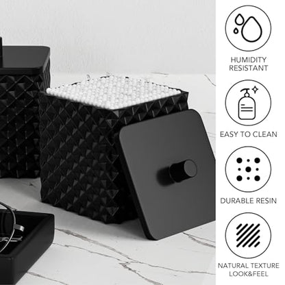 Bathroom Accessories Set Resin 6PCS, Square Toothbrush Holders Set Complete with Soap Dispenser, Vanity Tray, Tumbler, Cups and Cotton Swab Jars (Black Diamond, Resin Bath 6 PCS) - color: Black Diamond