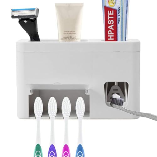 Toothpaste Dispenser Toothbrush Holder Set, Toothpaste Squeezer Tooth Brush Holder Set Holder with Anti-dust Cover, 3-in-1 Wall Mounted Holders with 1 Storage Grids Bathroom Accessories