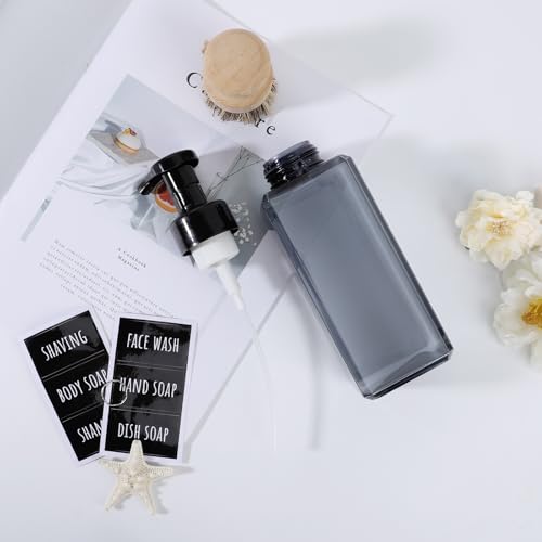 Segbeauty Empty Foam Bottle for Kitchen 22oz, 2pcs Plastic Foaming Soap Dispenser Bathroom, 650ml Gray Square Foam Pump Bottle with Label Stickers, Refillable Foaming Hand Soap Dispenser Large - color: Gray, style: 2pcs 22oz