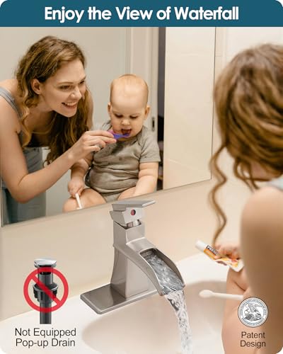 Single Hole Bathroom Faucet 3 Hole (4 Inch), Brass Waterfall Faucet Single Handle, Bathroom Faucets Brushed Nickel Bathroom Sink Faucet with Deck Plate & Pre-Install Hoses Without Pop-up Drain - color: Brushed Nickel - Classic