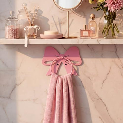 Pelopy Pink Bow Towel Holder for Bathroom Coquette Metal Towel Ring Hanger Wall Mounted Pink Bow Bathroom Decor Heavy Duty for Women Girls Kitchen Home Decor Gift - style: Pink Bow