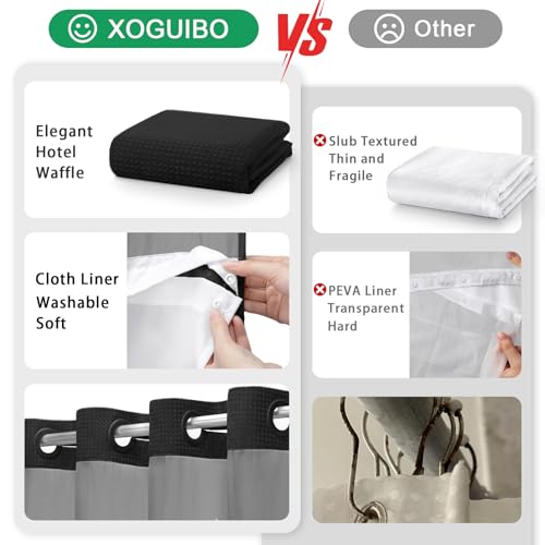 No Hook Shower Curtain with Liner Set Hotel Waffle Curtain Black 48W X 75L | Washable Snap in Fabric Liner, Mesh Top Window, Waffle Hotel Style Shower Curtain Set - color: Black, size: Small Stall 48"W x 75"L