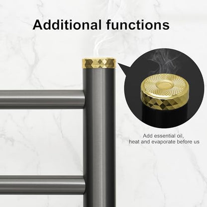 Electric Towel Warmer Rack,Heating Towel Warmer,Timer & Temperature Control,Wall-Mounted Plug-in for Bathroom,Gunmetal Grey,Stainless Steel,8-Bar(27.56x20.87x4.41in) - color: Round-matte Gungrey With Gold Top, size: 8 Bars