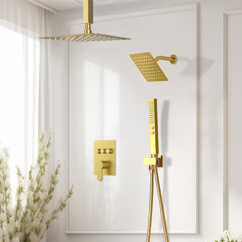Brushed Gold Shower System, STARBATH Ceiling Mounted 12+6 Inch Rainfall Shower Head with 2 in 1 High Pressure Handhled, Can Use All at Once, Push Button Diverter Thermostatic Valve with Trim Kit - color: Brushed Gold, size: 6+12 inch-06