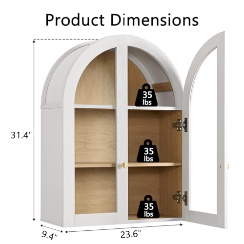 Bathroom Arched Wall Cabinet, 23.5'' Wide Medicine Cabinet, Bathroom Cabinet Wall Mount with Glass Doors & Adjustable Shelves, Over The Toilet Storage Cabinet for Laundry Room, Bedroom,Kitchen, White - color: White