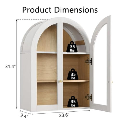 Bathroom Arched Wall Cabinet, 23.5'' Wide Medicine Cabinet, Bathroom Cabinet Wall Mount with Glass Doors & Adjustable Shelves, Over The Toilet Storage Cabinet for Laundry Room, Bedroom,Kitchen, White - color: White