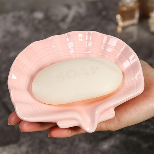 Ceramic Soap Holder, Sea-Shell Soap Tray with Self Draining, Soap Tray for Sink Washroom Bathroom Shower, Small Cute and Elegant Holder with Glaze, Easy Cleaning (Pink) - color: Pink