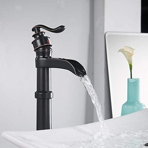 Oil Rubbed Bronze Vessel Sink Faucet Single Hole Bathroom Faucet Waterfall | Farmhouse Single-Handle,Deck Mount,Bowl Tall Body,with Supply Hose,Fits Non-Overflow Sinks,Hot/Cold Mixer - color: Oil Rubbed Bronze