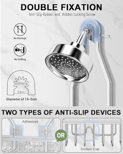 Shower Caddy Hanging - Never Rust Shower Hanging Organizer - Aluminum Over the ShowerHead Caddy with 6 Hooks for Razor/Sponge (Silver) - color: Silver
