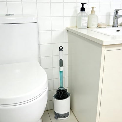 Silicone Toilet Brush and Holder Set with Cleaner Dispenser, Grey | Dispenser handle, silicone bristles, ventilated holder; for RV, apartment, and bathroom use