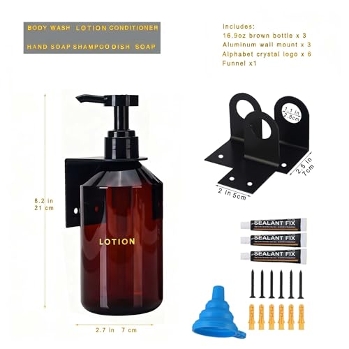 Wall Mounted Shampoo Dispenser for Shower, 3 Chamber 16.9 fl oz Each, 4CC Pump Soap Dispenser for Bathroom, Glossy Black Shampoo and Conditioner Dispenser with Crystal Labels (Brown) - color: Brown