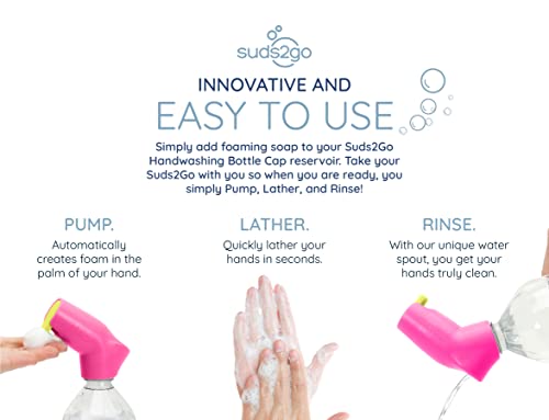 Refillable Caps, 2 Pack - Universal Fit Turns Most Disposable Water Bottles Into A Hand Washing Station - Includes Refillable Soap Reservoir - Conveniently Sized to Take on The Go - color: Pink