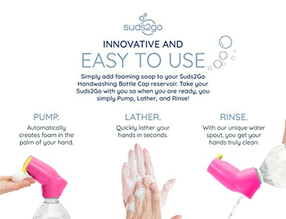 Refillable Caps, 2 Pack - Universal Fit Turns Most Disposable Water Bottles Into A Hand Washing Station - Includes Refillable Soap Reservoir - Conveniently Sized to Take on The Go - color: Pink