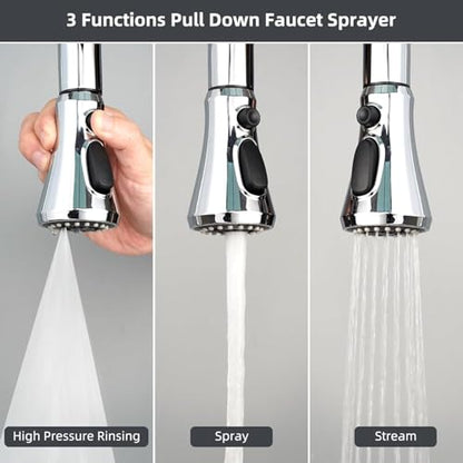 Hibbent Pull Down Spray Head for Kitchen Faucet, NSF/ANSI/CAN 61 & CUPC Certified 3-Function Spray Nozzle, 15 Adapters, Sink Faucet Head Replacement Compatible with Moen, Delta, Kohler, Chrome - color: Chrome, style: 2.5 Gallon Per Minute