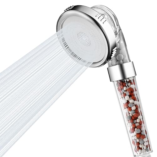 Filtered Handheld Shower Head, High Pressure 3 Spray Settings Showerhead for Saving Water, Water Softener Shower Head with Mineral Beads to Remove Chlorine & Fluoride for Dry Hair & Skin