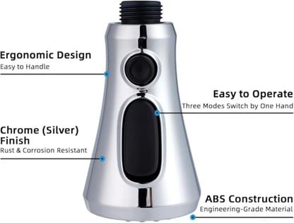 Hibbent Pull Down Spray Head for Kitchen Faucet, NSF/ANSI/CAN 61 & CUPC Certified 3-Function Spray Nozzle, 15 Adapters, Sink Faucet Head Replacement Compatible with Moen, Delta, Kohler, Chrome - color: Chrome, style: 2.5 Gallon Per Minute