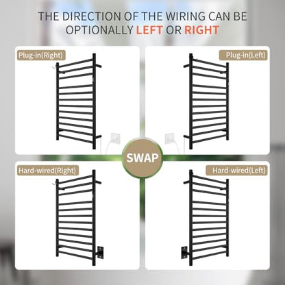 Wall Mounted Towel Warmer 12 Bars with Plug-in and Hardwired Options 3 Working Modes Black Stainless Steel 21” W 34” H - color: Black