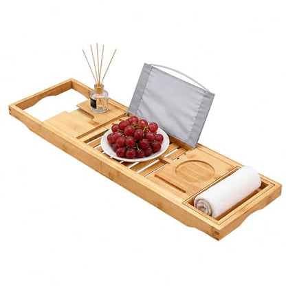 70-105CM Extendable Bamboo Bathtub Tray Caddy with Cup Holder for Spa | Non-Slip Pads, Book Stand, Wine Glass Holder, Fits Most Bath Tubs