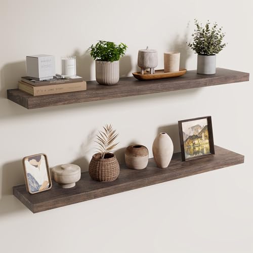 Axeman Floating Shelves for Wall - 40''W x 8'' D Rustic Solid Elm Wood Shelves for Storage, Wall Mounted Display Shelving with Invisible Heavy-Duty Metal Bracket (Walnut, 2PCs) - color: Walnut With Flat Edge, size: 40 inches - 2P