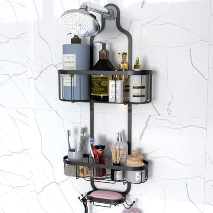Shower Caddy Hanging, Bathroom Shower Rack, Bathroom Organizer with Soap Dish, Over The Showerhead Caddy with Hooks for Razor/Sponge, Black - color: Black