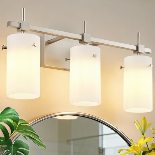 SOLFART Brushed Nickel Bathroom Light Fixtures, 3-Light Modern Vanity Light Over Mirror, Wall Sconces with Milky White Frosted Glass Shades, E26 Socket (Bulbs Not Included) - color: Brushed Nickel-Milky Globe, size: 3 Lights