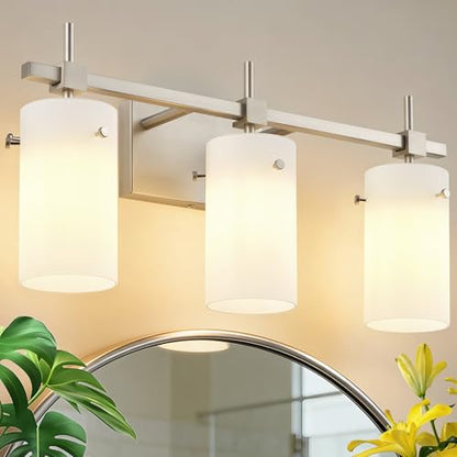 SOLFART Brushed Nickel Bathroom Light Fixtures, 3-Light Modern Vanity Light Over Mirror, Wall Sconces with Milky White Frosted Glass Shades, E26 Socket (Bulbs Not Included) - color: Brushed Nickel-Milky Globe, size: 3 Lights
